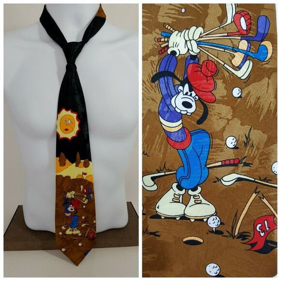 Mens Designer Necktie Goofy Golfing Disney Mickey Unlimited Work Office Party - Picture 2 of 13